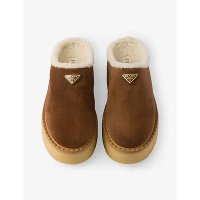 Prada Brown Suede Mules With Shearling Trim And Plush Lining In Blue