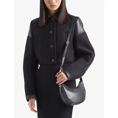 Prada Triangle Logo Plaque Moon Shaped Shoulder Bag In Black
