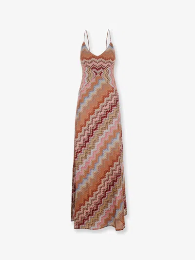 Missoni Multicolor Long Dress With Crossed Shoulder Straps And All-over Zigzag Motif In Viscose Woman In Brown