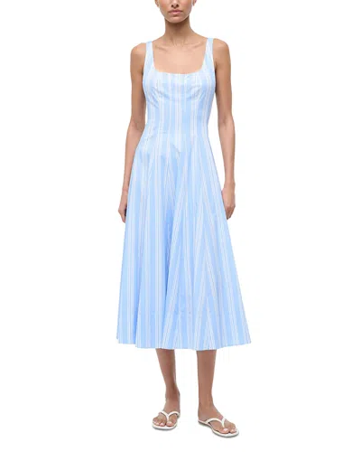 Staud Wells Paneled Striped Cotton-blend Poplin Midi Dress In Blue