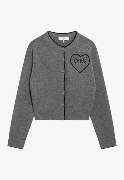 Chloé Fitted Cardigan With Logo In Wool And Cashmere Knit In Gray