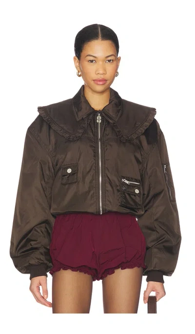 Ganni Duchesse Nylon Bomber Jacket In Brown