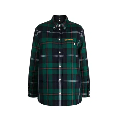 Burberry Embroidered Logo Check Wool Overshirt Dark Viridian Green In Multi