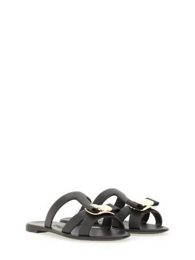 Ferragamo Strappy Slide Sandal Gold Hardware In Black