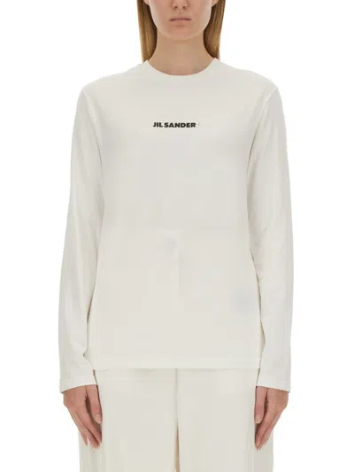 Jil Sander Crew Neck Long Sleeve Boxy Fit Printed Logo Sweatshirt In White