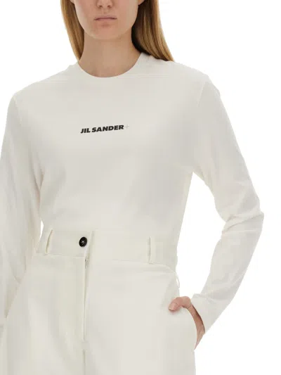 Jil Sander Crew Neck Long Sleeve Boxy Fit Printed Logo Sweatshirt In White