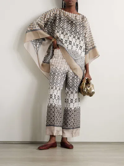 Brunello Cucinelli Geometric-print Silk Trousers In Gray