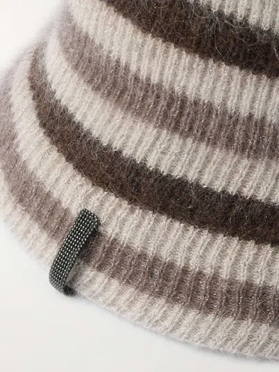 Brunello Cucinelli Bead-embellished Striped Metallic Ribbed-knit Bucket Hat In Multi