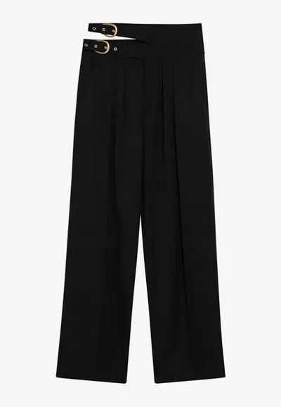 Chloé Buckle Keyhole High Waist Wool Straight Leg Pants In Black