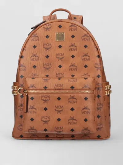 Mcm Backpack Studded Front Zip Pocket Adjustable Straps In Brown