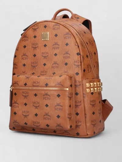 Mcm Backpack Studded Front Zip Pocket Adjustable Straps In Brown