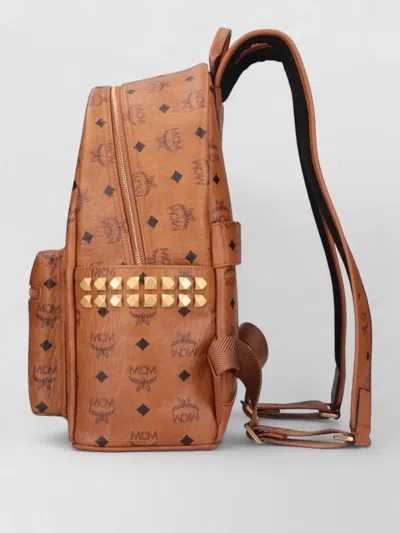 Mcm Backpack Studded Front Zip Pocket Adjustable Straps In Brown