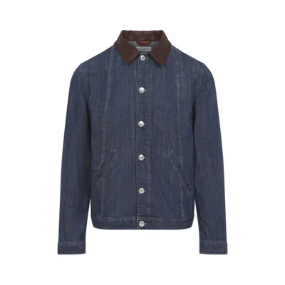 Brunello Cucinelli Men Lightweight Denim Jacket With Leather Collar In Animal Print