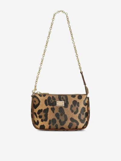 Dolce & Gabbana Girls Leather Leopard Print Shoulder Bag In Brown