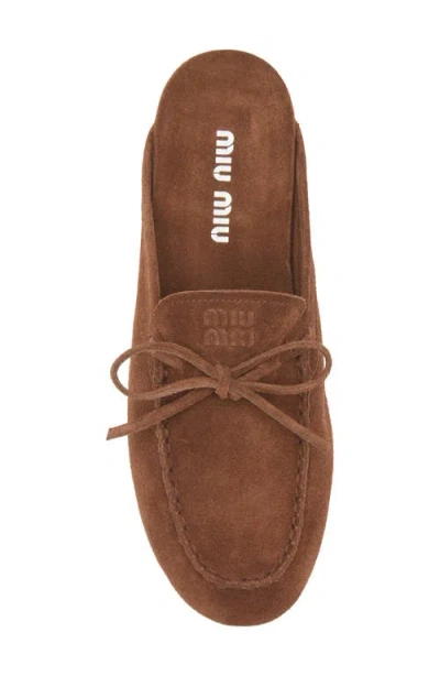 Miu Miu Suede Sabots Rounded Toe Bow Detail In Brown
