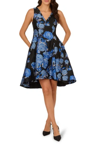 Adrianna Papell Floral Jacquard Short Fit And Flare Dress In Blue Black Multi