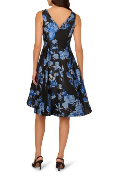 Adrianna Papell Floral Jacquard Short Fit And Flare Dress In Blue Black Multi