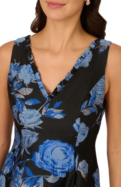 Adrianna Papell Floral Jacquard Short Fit And Flare Dress In Blue Black Multi