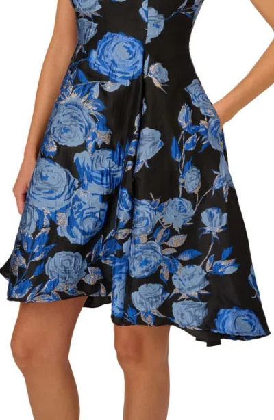 Adrianna Papell Floral Jacquard Short Fit And Flare Dress In Blue Black Multi