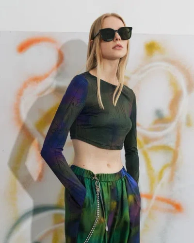 Lost Pattern Nyc "brooklyn" Long Sleeve Crop Top In Multi