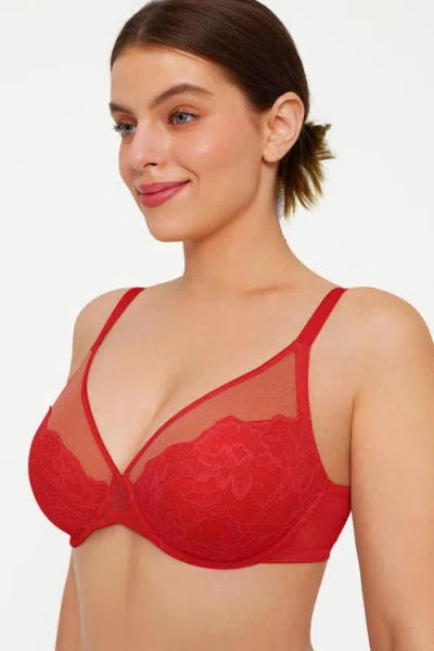 Popilush Lightweight Underwire Minimizer Lace Mesh Bra In Red