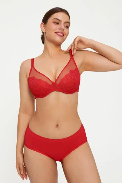 Popilush Lightweight Underwire Minimizer Lace Mesh Bra In Red