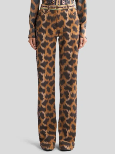 Etro Bootcut Jeans In Bull Denim With Animal Motif In Animal Print