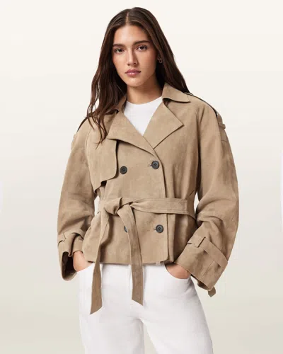 Allsaints Reed Short Belted Suede Trench Coat In Brown