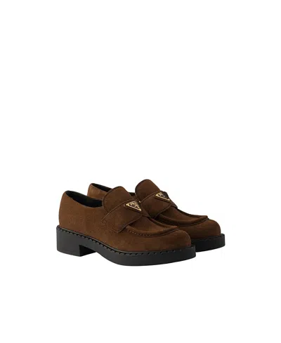 Prada Chocolate Suede Loafers In Brown