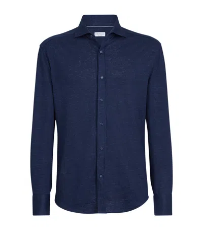 Brunello Cucinelli Linen Cotton Blend Shirt Button Down In Blue
