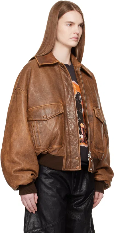 Amiri Tan Faded Leather Bomber Jacket In Brown