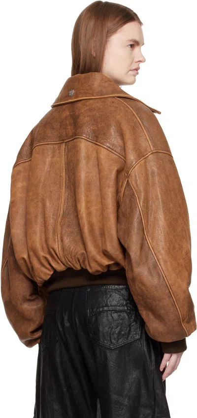 Amiri Tan Faded Leather Bomber Jacket In Brown