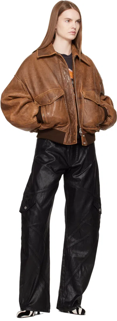 Amiri Tan Faded Leather Bomber Jacket In Brown