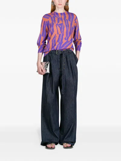 Dries Van Noten High Waist Wide Leg Belted Pleated Jeans In Blue