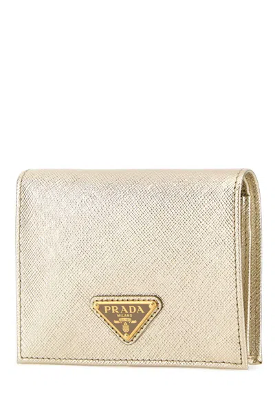 Prada Fold Over Leather Wallet Metallic Finish In Gold