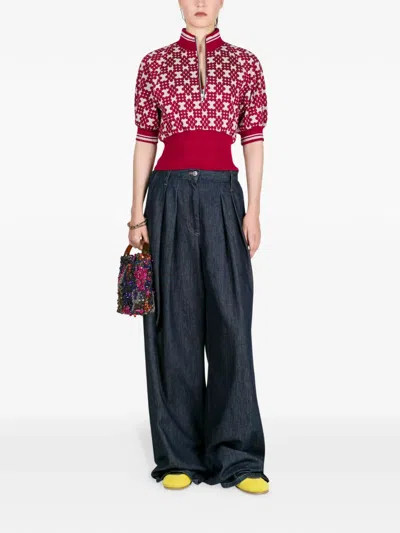 褶饰阔腿牛仔裤