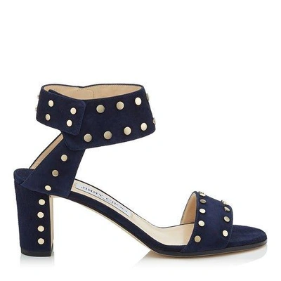 Shop Jimmy Choo Veto 65 Navy Suede Sandals With Gold Studs In Navy/gold