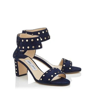 Shop Jimmy Choo Veto 65 Navy Suede Sandals With Gold Studs In Navy/gold