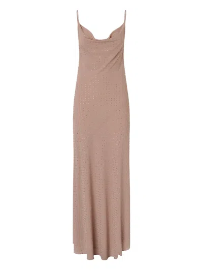 Pinko Beige Long Dress With Draped Neckline And Open Back In Tech Fabric Woman In Gray