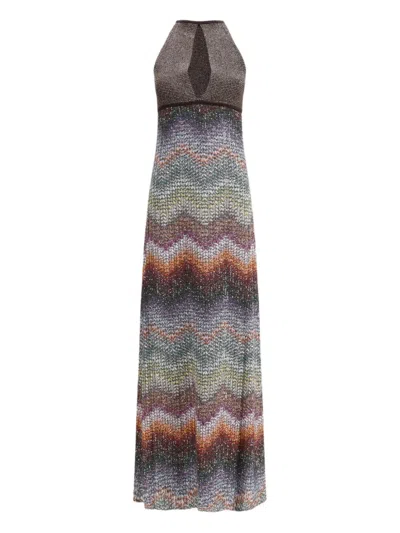 Missoni Long Halter-neck Dress In A Greek-style Zigzag Knit With Sequins Clothing In Multi