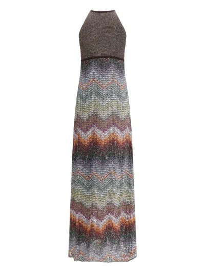 Missoni Long Halter-neck Dress In A Greek-style Zigzag Knit With Sequins Clothing In Multi