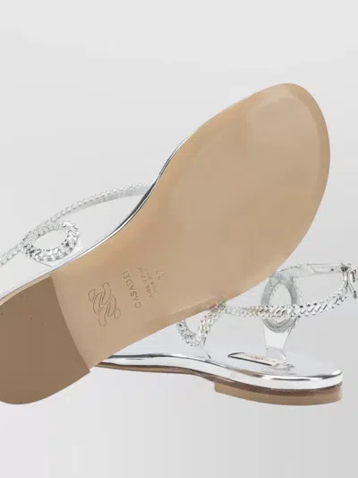 Casadei Silver Calf Leather Bos Taurus Flat Sandals In Gray