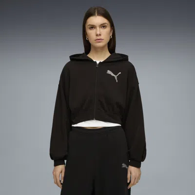 Puma Essentials Bedazzled Rhinestone Embellished Cropped Graphic Hoodie In Black