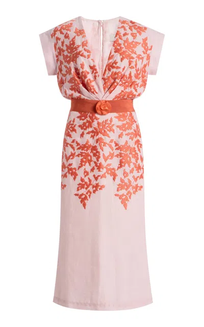 Silvia Tcherassi Olive Embroidered Linen Midi Dress With Belt In Pink