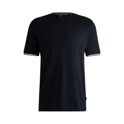 Hugo Boss Cotton-jersey T-shirt With Signature-stripe Cuffs In Dark Blue