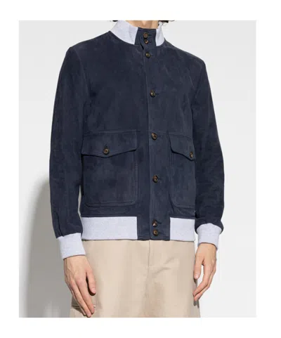 Eleventy Leather Jacket Chest Pockets Front Ribbed Hem In Blue