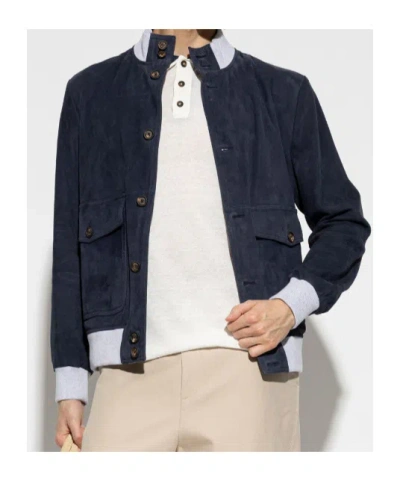 Eleventy Leather Jacket Chest Pockets Front Ribbed Hem In Blue