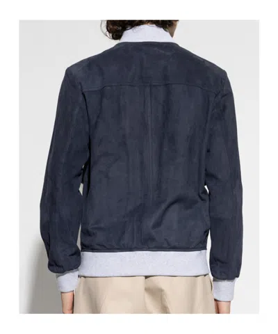 Eleventy Leather Jacket Chest Pockets Front Ribbed Hem In Blue