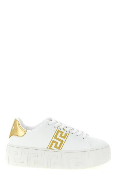 Versace La Greca Embroidered Platform Sneakers In Gold