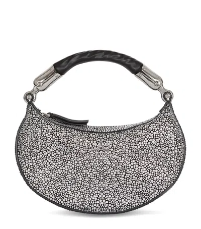 Balmain Mini Embellished Suede Ebene Top-handle Bag In Silver